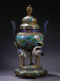 Bronze Cloisonne Carved Lotus Flower Pattern Double Ears Crane Shape Incense Burner