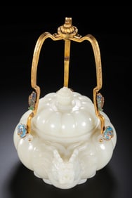 Jade Inlaid Bronze Cloisonne Carved Dragon Shape Handle Pot