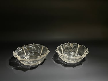 Pair of White Crystal Carved Lotus Flower Shape Bowl