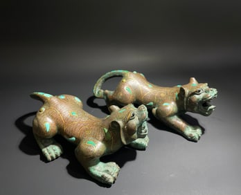 Pair of Chinese Bronze Inlaid Gem Stone Carved Beast Shape Ornament