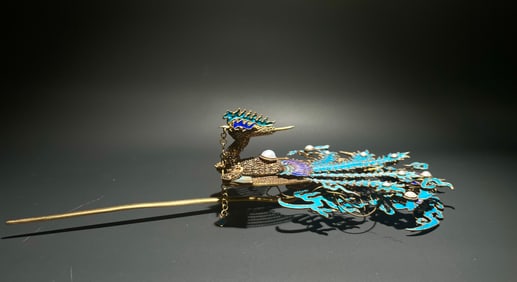 Gilt Silver Blue Feather Inlaid Gem Stone Carved Phoenix Pattern Hairpin