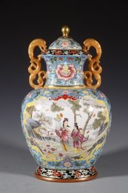 Famille Rose Character Story Pattern Porcelain Double Chi Dragon Ears Lid Pot