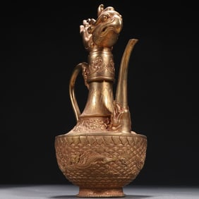 Gilt Bronze Carved Sea Wave and Dragon Pattern Phoenix Shape Pot