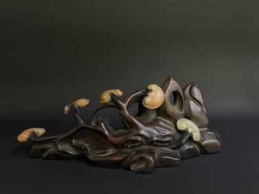 Rosewood Inlaid Shoushan Carved Reishi Mushroom Shape Pen Holder