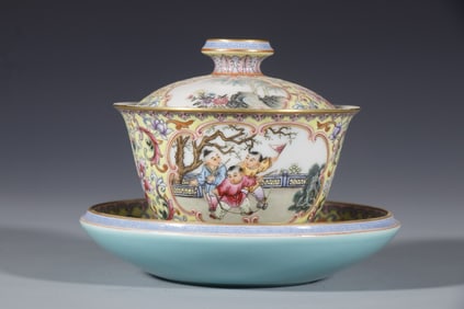 Enamel Drawing Playing Children Pattern Porcelain Lid Cup
