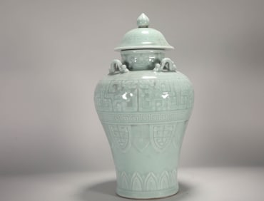 Light Grey Glazed Carved Beast Face Pattern Porcelain Vase