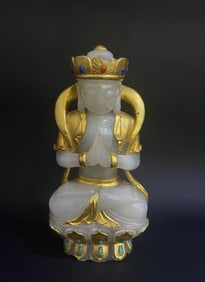 Jade Inlaid Solid Gold Carved Sakyamuni Figure