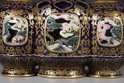 Pair of Bright Blue Glazed Gold Drawing Flower and Landscape Pattern Porcelain Movable Vase