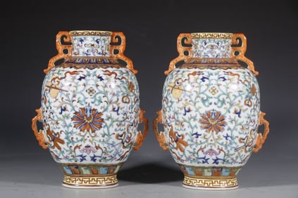 Pair of Doucai Flower and Eight Treasure Pattern Porcelain Double Ears Vase