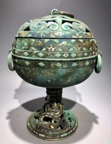 Chinese Bronze Gold and Silver Inlaid Carved Dragon Pattern Double Ears Lid Pot