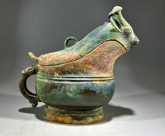 Chinese Bronze Carved Beast Shape Lid Pot