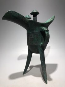 Chinese Bronze Carved Beast Face Pattern Jue Cup