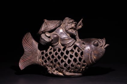 Gilt Bronze Carved Fish and Character Shape Figure