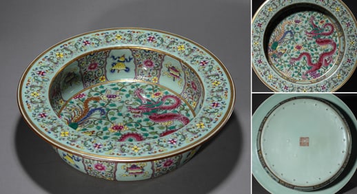 A Pea-Green Glazed Famille-Rose 'Dragon-and-Phoenix' Basin