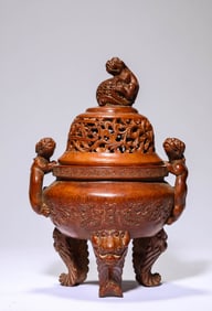 A Bamboo 'Lion-Form' Censer with Chilong Handles