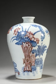 A Blue and White with Underglaze-Red 'Antiquarian' Meiping