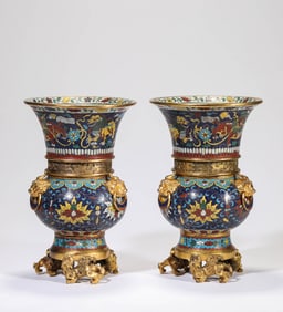 A Pair Of Cloisonné Enamel 'Lion-and-Ball' Vases