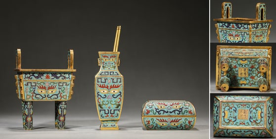 A Set Of Cloisonné Enamel 'Taotie' Censer, Vase, and Box