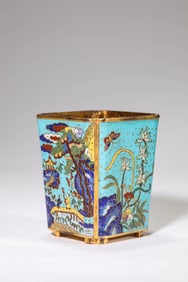 A Cloisonné Enamel 'Floral-and-Narrative' Brushpot