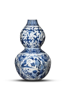 A Blue and White 'Eight Treasures and Birds' Melon-Ribbed Double-Gourd Vase