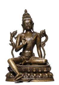 A Silver-Inlaid Alloy Copper Figure of Relaxed Guanyin