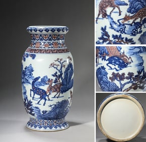 A Blue and White with Underglaze-Red 'Deer-and-Pine' Lantern Zun