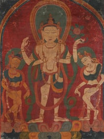 A Tibetan Pala-Style Mineral-Pigment Thangka of Four-Armed Avalokiteshvara