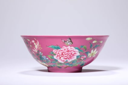 A Famille-Rose 'Butterfly-and-Flower' Bowl with Poem on Coral Ground