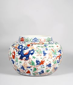 A Blue and White and Wucai "Hundred Children" Jar