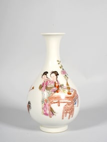 A Famille Rose "Three Mothers Teaching Children" Yuhuchun Vase