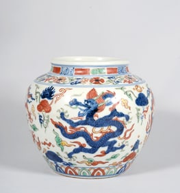 A Blue and White and Wucai Dragon Jar