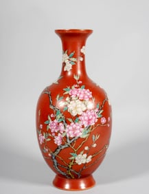 A Famille Rose Floral Vase on Coral Red Ground