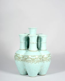 A Turquoise-Ground Black Enamel Six-Hole Vase