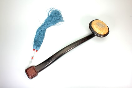 AN Imperial Rosewood Inlaid Agate Poem Ruyi Scepter