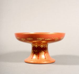 A Coral Red Gilt Floral Stem Dish