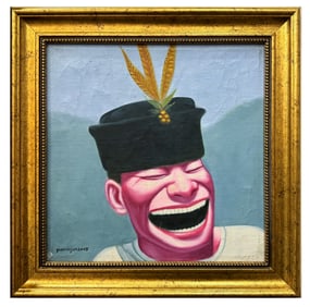 AN OIL PAINTIN ON CANVAS WITH THE MARK OF YUE MINJUN