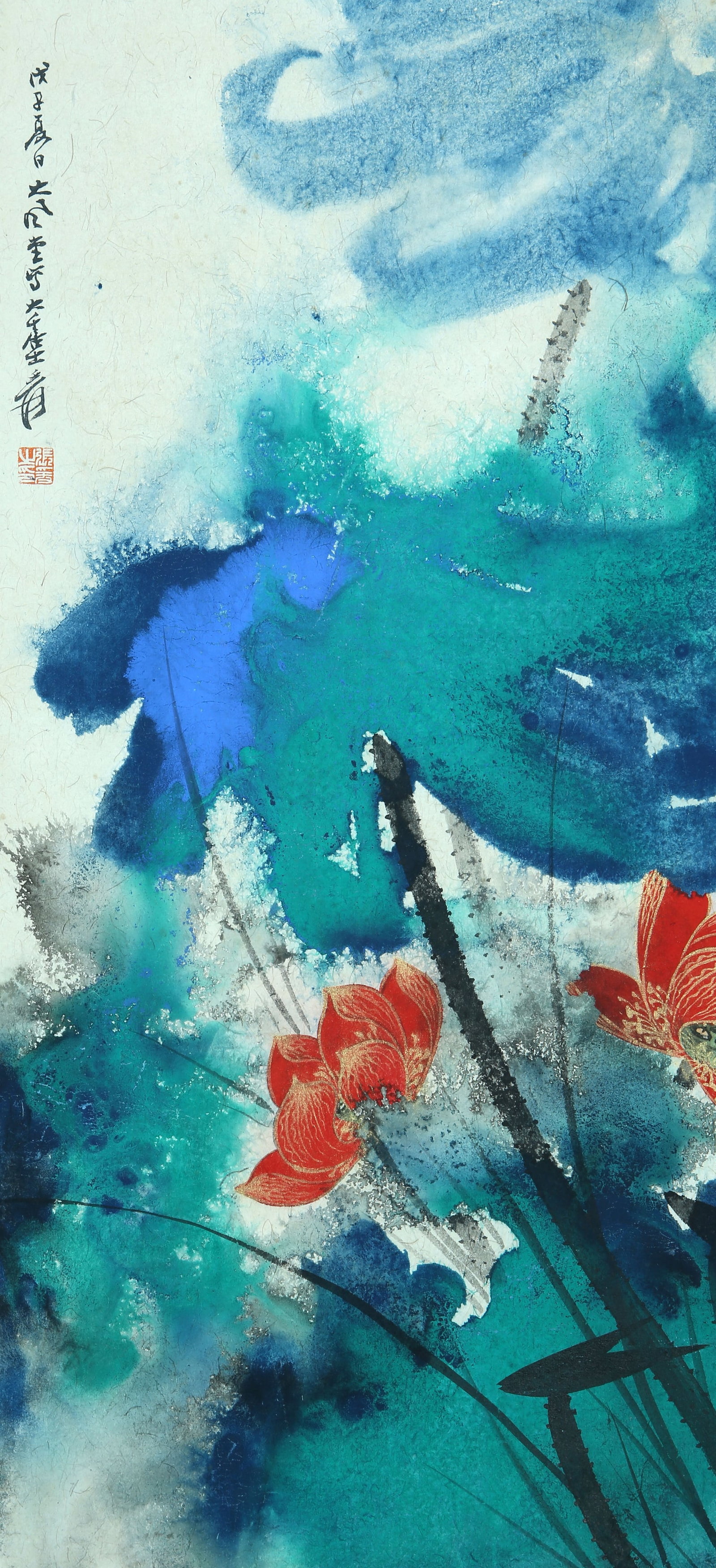 A CHINESE HAND PAINTING WITH THE MARK OF ZHANG DAQIAN: A CHINESE HAND PAINTING WITH THE MARK OF ZHANG DAQIAN 60*28CM