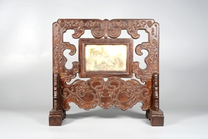 A Zitan Inlaid Cloud-Patterned Marble Scholar's Screen