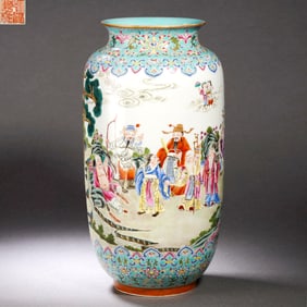 A Turquoise-Ground Famille Rose Figure Lantern Vase