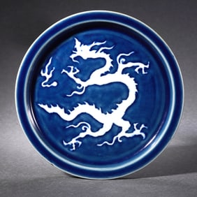 A Blue and White Dragon Dish