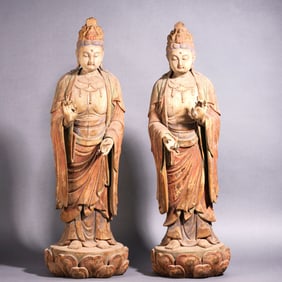 A pair of Wooden Guanyin Statues