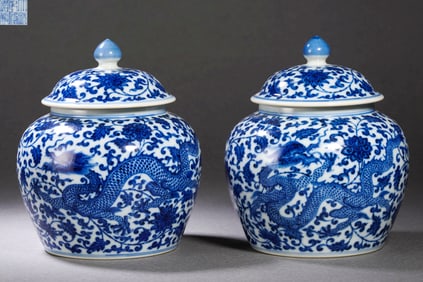 A Pair of Blue and White Dragon Tea Caddies