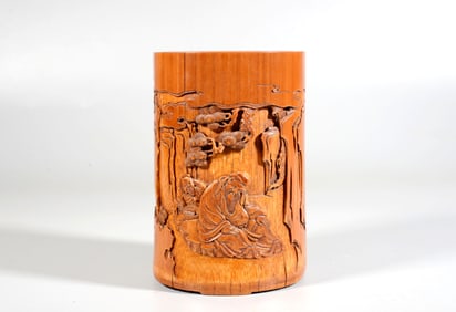 A Bamboo Carved "Scholar Under Pine" Brush Holder