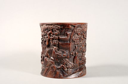 A Rosewood "Landscape and Figures" Brush Holder