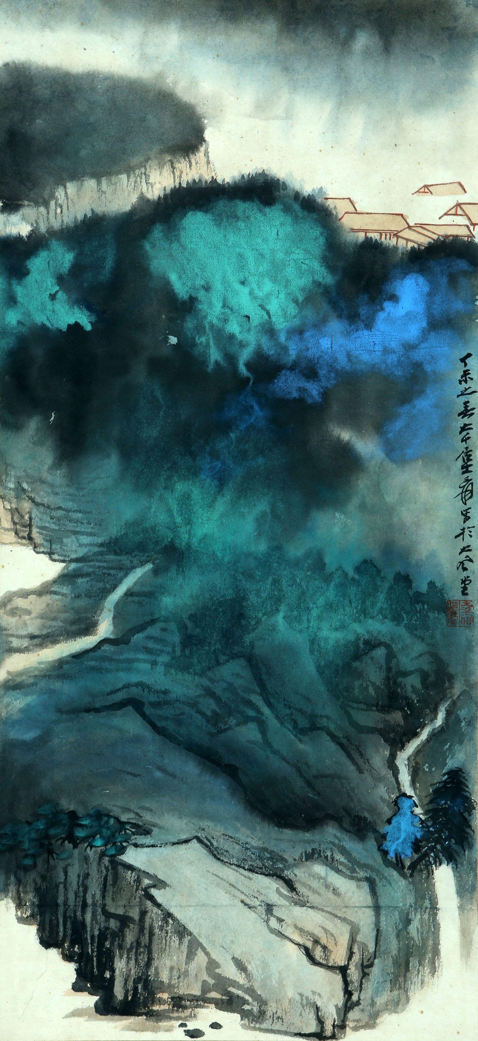 A CHINESE HAND PAINTING WITH THE MARK OF ZHANG DAQIAN: A CHINESE HAND PAINTING WITH THE MARK OF ZHANG DAQIAN 97*45CM