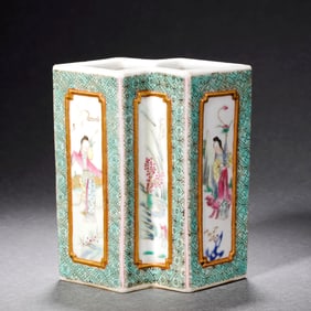 A Famille Rose Figure Diamond-Shaped Brush Holder
