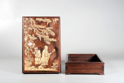 A Rosewood Inlaid Gemstone Figure Box