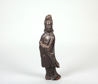 A Rosewood Guanyin with Scroll Statue
