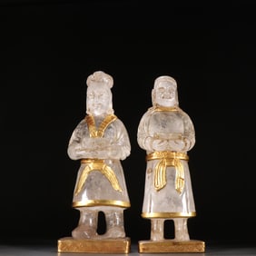 Pair of White Crystal Inlaid Solid Gold Carved Character Shape Figure