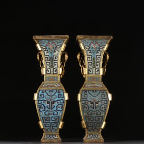 Pair of Bronze Cloisonne Carved Beast Face and Flower Pattern Zun